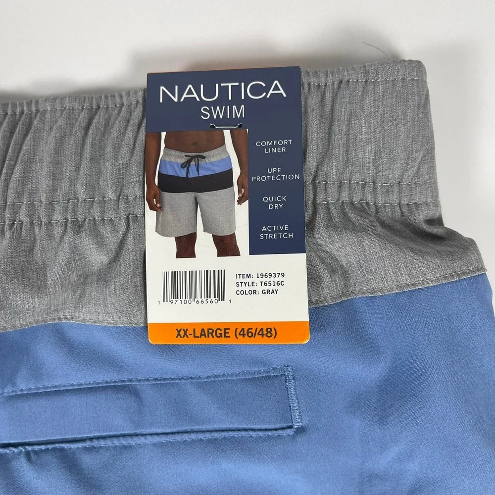 Nautica Mens XXL Gray Blue Colorblock 8.5 Inseam Swim Trunks T6516C New